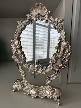 Vintage Antique French Swing Cherubs Mirror Silver Table Bedroom Swivel Vanity